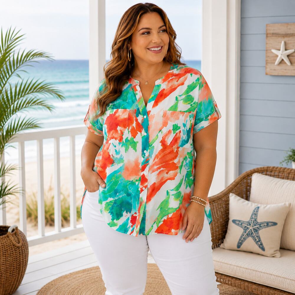 NYDJ Button Front Blouse Plus 2X Multicolor Watercolor Summertide Coastal Beachy